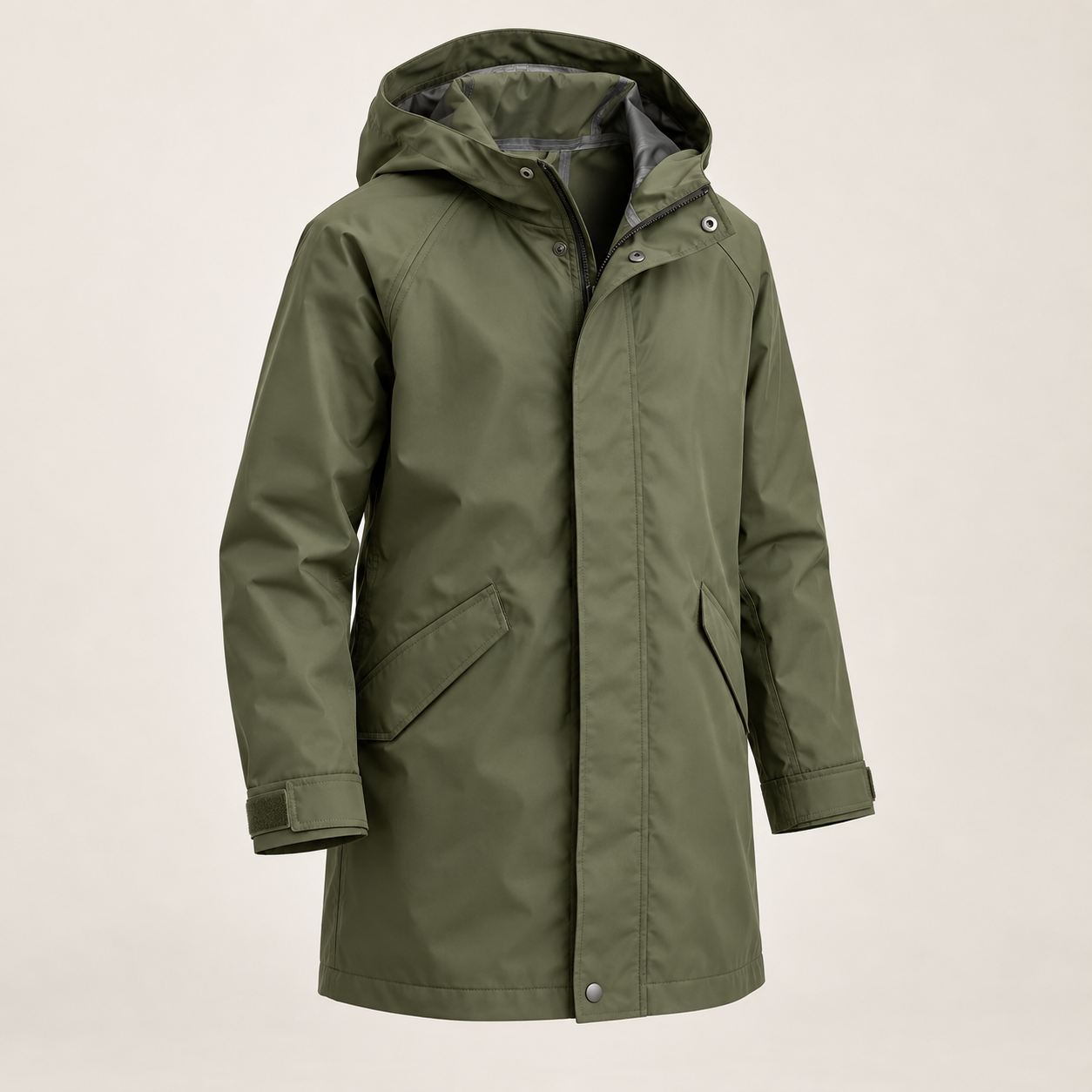 Olive roomier rain coat with hood