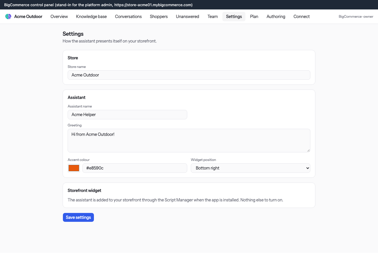 Codexta merchant app settings for assistant name, greeting, accent colour and widget position