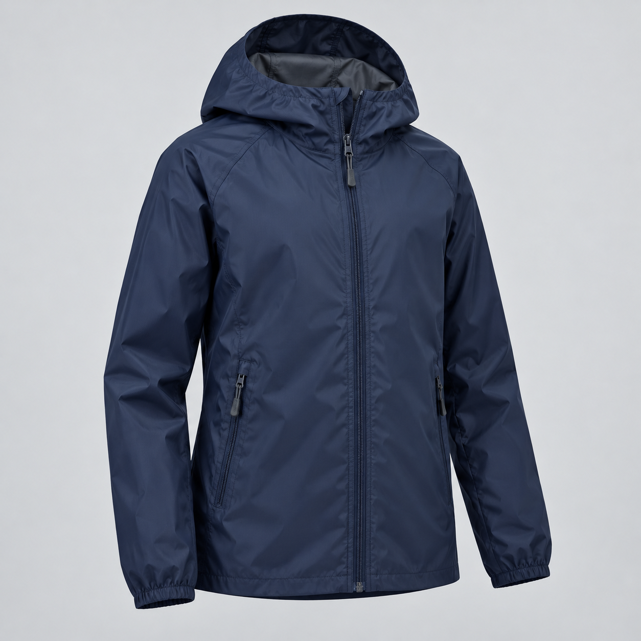 Packable navy rain jacket with hood